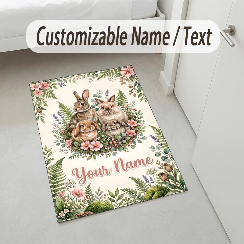 Easter Bunny Theme Crystal Velvet Rug Personalized Custom Name Text Soft Floor Mat Home Decor