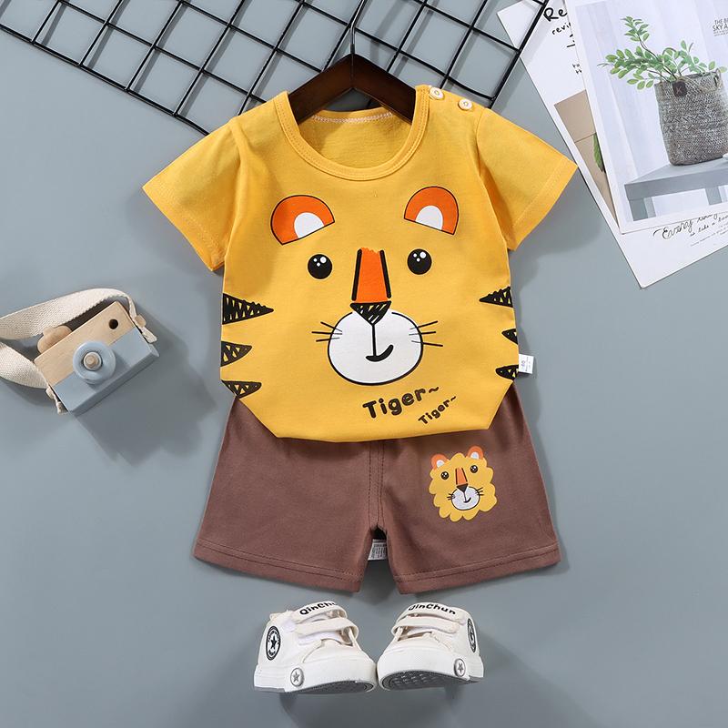 Set de pantaloni de tricou cu mânecă scurtă pentru copii de vară, cu mânecă scurtă, 2 bucăți, largi, din bumbac, ținută de desene animate