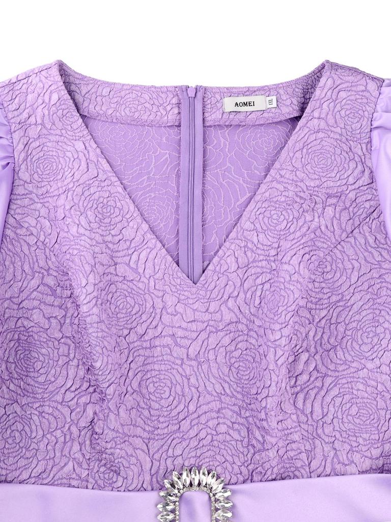 Plus Size Elegant Light Purple Jacquard Puff Sleeve Long Formal Dress.
