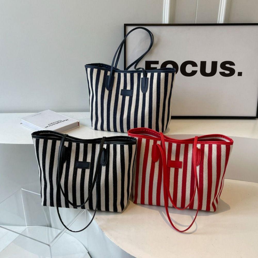 Korean Style Stripe Canvas Tote Bag Zipper Shopping Handbag Casual Shoulder Bag  Travel