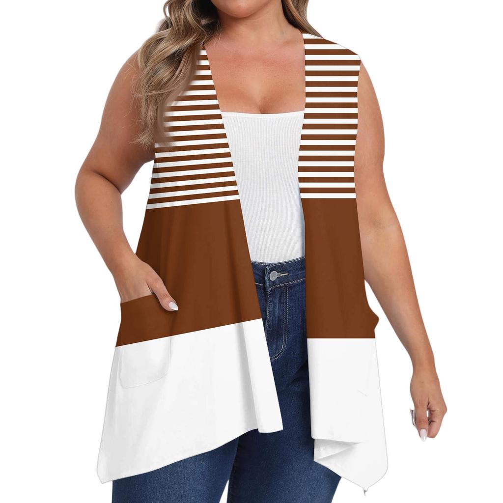 Damen Übergröße Locker Lässig Bedruckt Ärmellos Weste mit Tasche Strickjacke Jacke Strickjacke Jacke