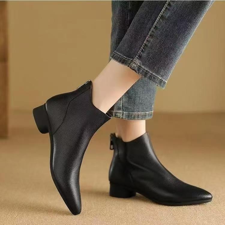 Fashion Pointed Toe Ankle Boots Women Elegant Mid Heels Leather Shoes 2026 Trend Pumps Winter Cozy Large Size Chunky Botas Mujer