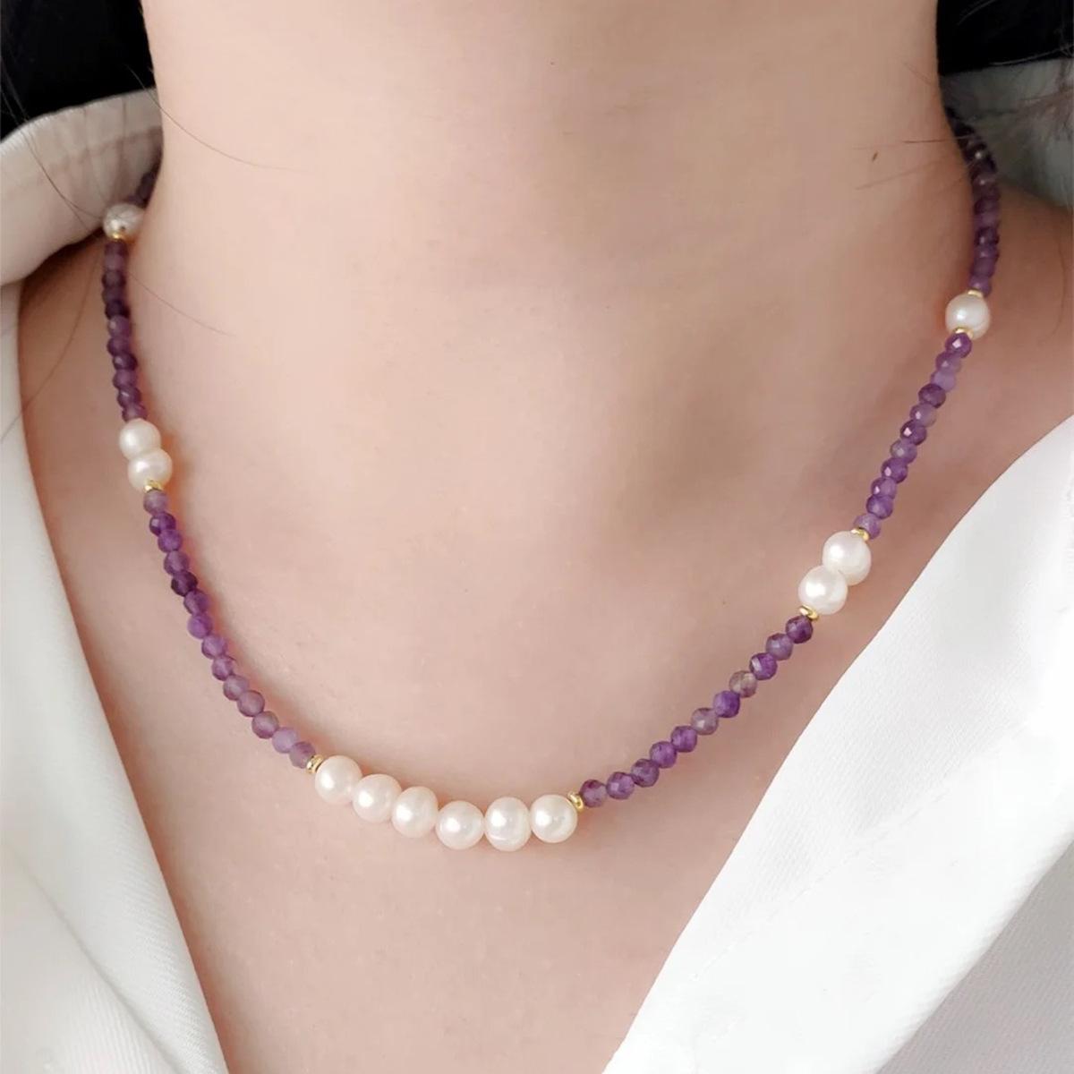 Natural amethyst transparent noble romantic freshwater pearl beaded fine simple elegant necklace