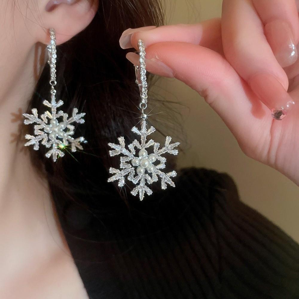 Imitating Pearls Crystal Snowflakes Earrings Silver Zircon Dangle Earrings  New Year