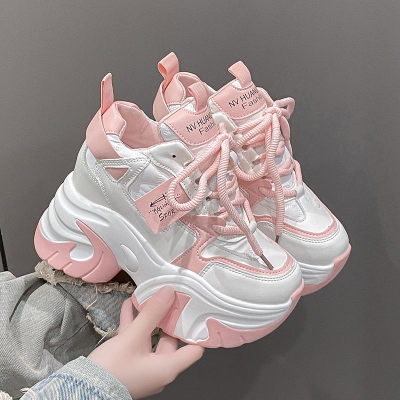 Fashion Women High Platform Casual Leather Shoes 2025 New Autumn Lace-up Chunky Sneakers 10.5CM Wedges Hidden Heels Leisure Shoes Woman