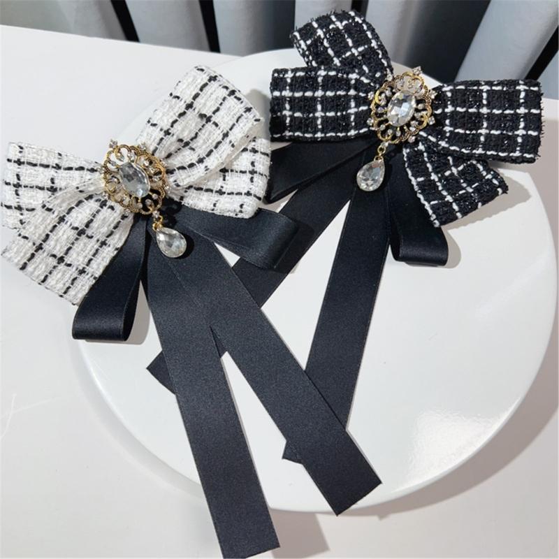 Vintage Plaids Ribbon Bowknot Brooch Pin Rhinestones Bowtie for Women Shirt Jabot Collar Pretied Necktie Clip Neckpiece