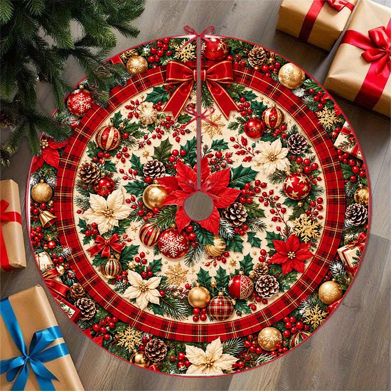 1pc, Tree Skirts, Christmas Tree Scarf, Holiday Tree Base Decoration Cloth, Circular Red Flower Wreath, Berries And Leaves, Snowflakes, Red Background