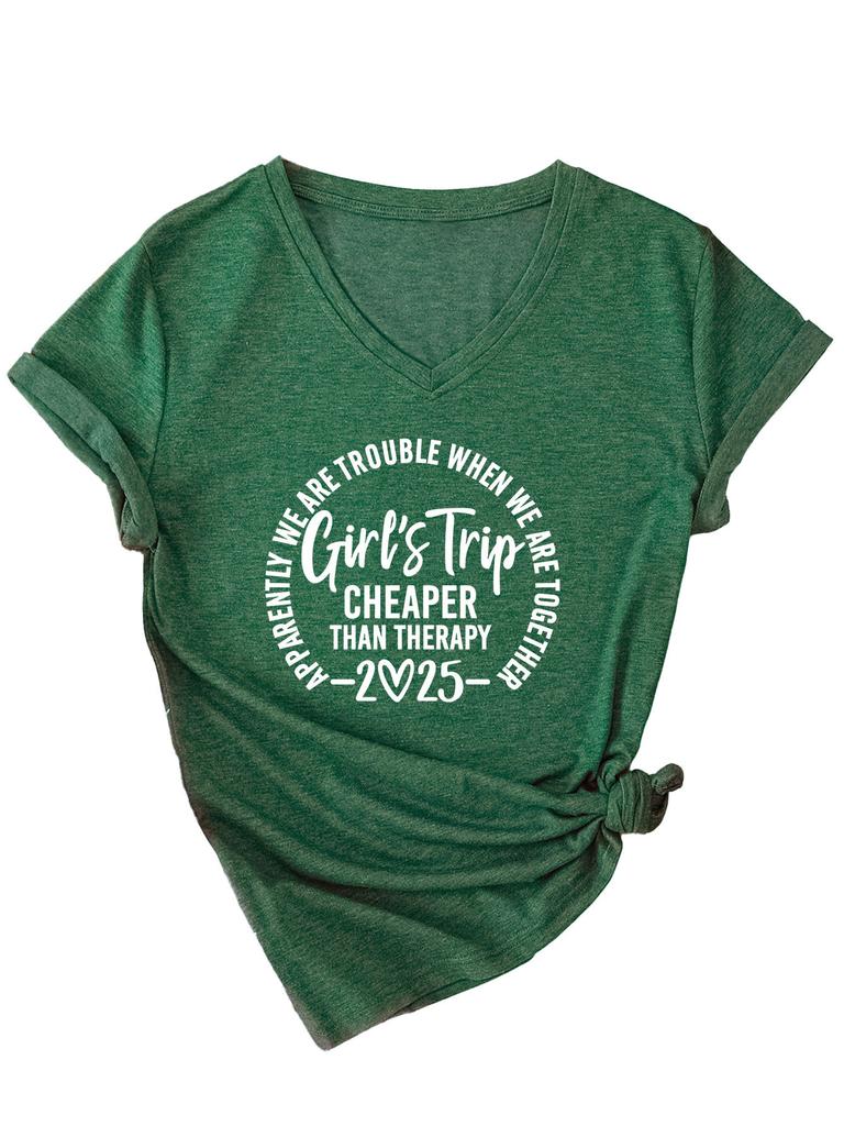 Inspirational Text Printed Top Loose Casual Simple V-neck Short Sleeved Women's T-shirts