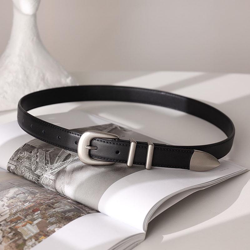 Women's Retro Genuine Leather Belt with Silver Buckle, 2.5CM Wide, Versatile for Jeans