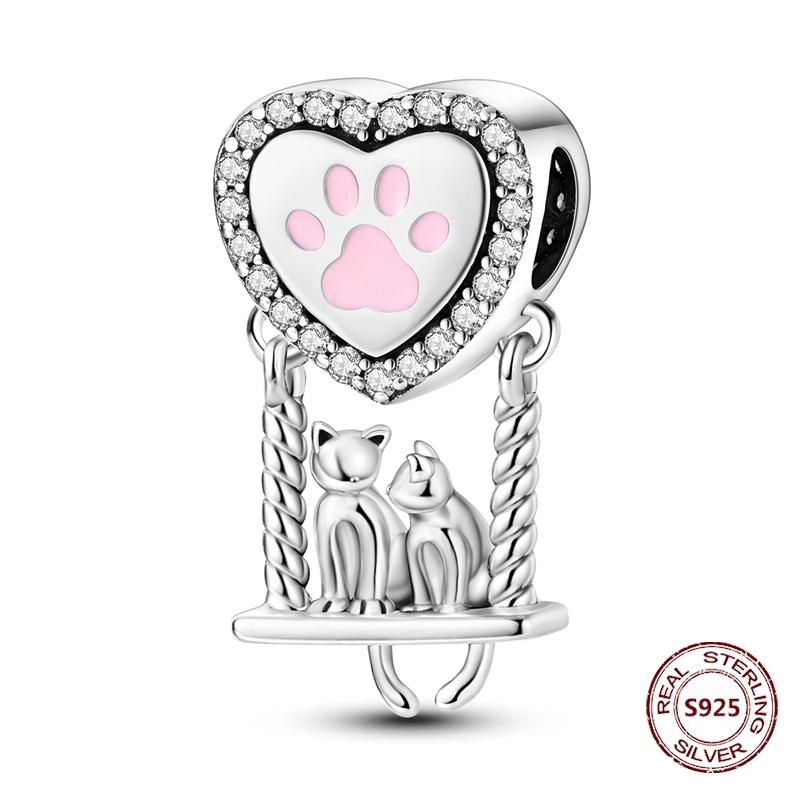 Copper Original Dog Cat Safety Chain Lazy Cat Pink Zircon Pet Paw Print Footprint Charms Fit Bracelet For Women Diy Jewelry