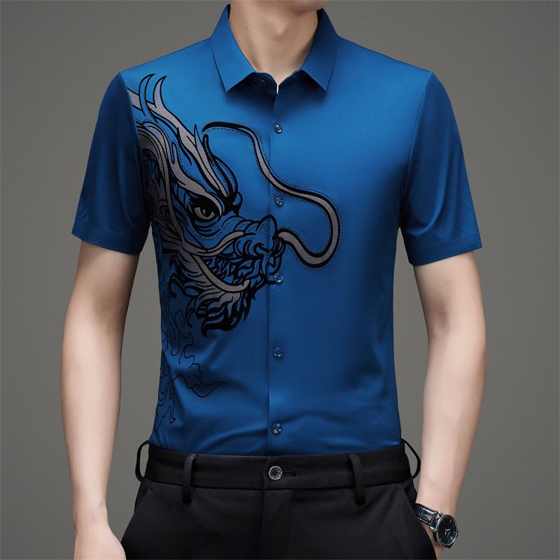 

Мужская летняя повседневная рубашка с коротким рукавом и узором дракона, не мнущаяся XXXL синий