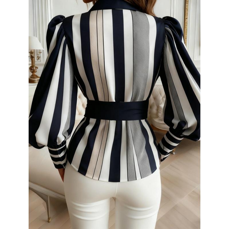 Spring and Autumn New Women's Tops with Bows Fashionable and Casual Long-sleeved Striped Shirts