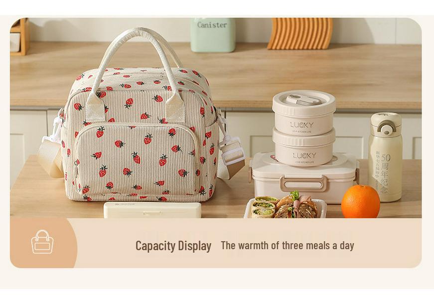 Corduroy Insulated Bento Lunch Bag for Office Workers - Stylish Handheld Design.