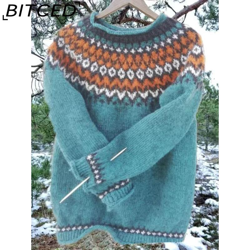 BITCED Women's Sweater - O-Neck Color-Blocked Oversized Fashion Pullover Knit