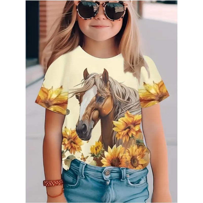 Barnkläder Flicka Söt och Rolig Djur Häst 3D-tryck Grafiska T-shirts Stil Bekväm Rundhalsad Topp T-shirt för Flickor