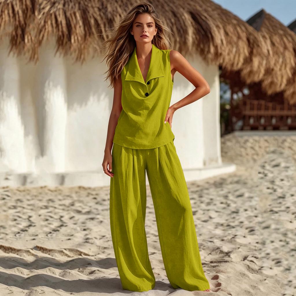 Women's Two Piece Set Sleeveless Collar Top and Wide Leg Pants Casual Loose Fit Outfit Suitable for Daily Wear and Relaxed Occasions