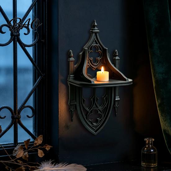 Gothic Bedroom Decor Wall Shelf, Vintage Floating Shelf for And Living Room, Matte Black Pointed Arch Decorative Wall-Mounted Display Rack with