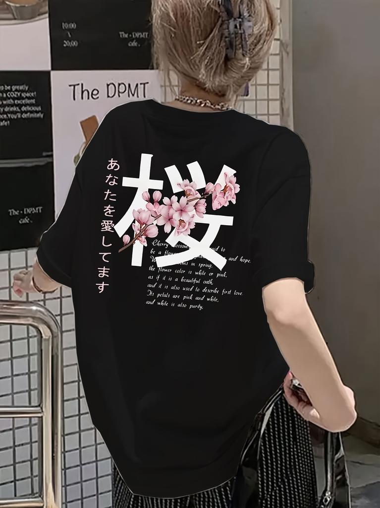 Summer Women's Y2K Floral Print Cotton T-Shirt Black Cherry Blossom Japanese Text Design Round Neck Short Sleeve Casual Top