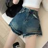 Design sense niche rough edge denim shorts women's summer new retro high waist loose and thin wide leg shorts