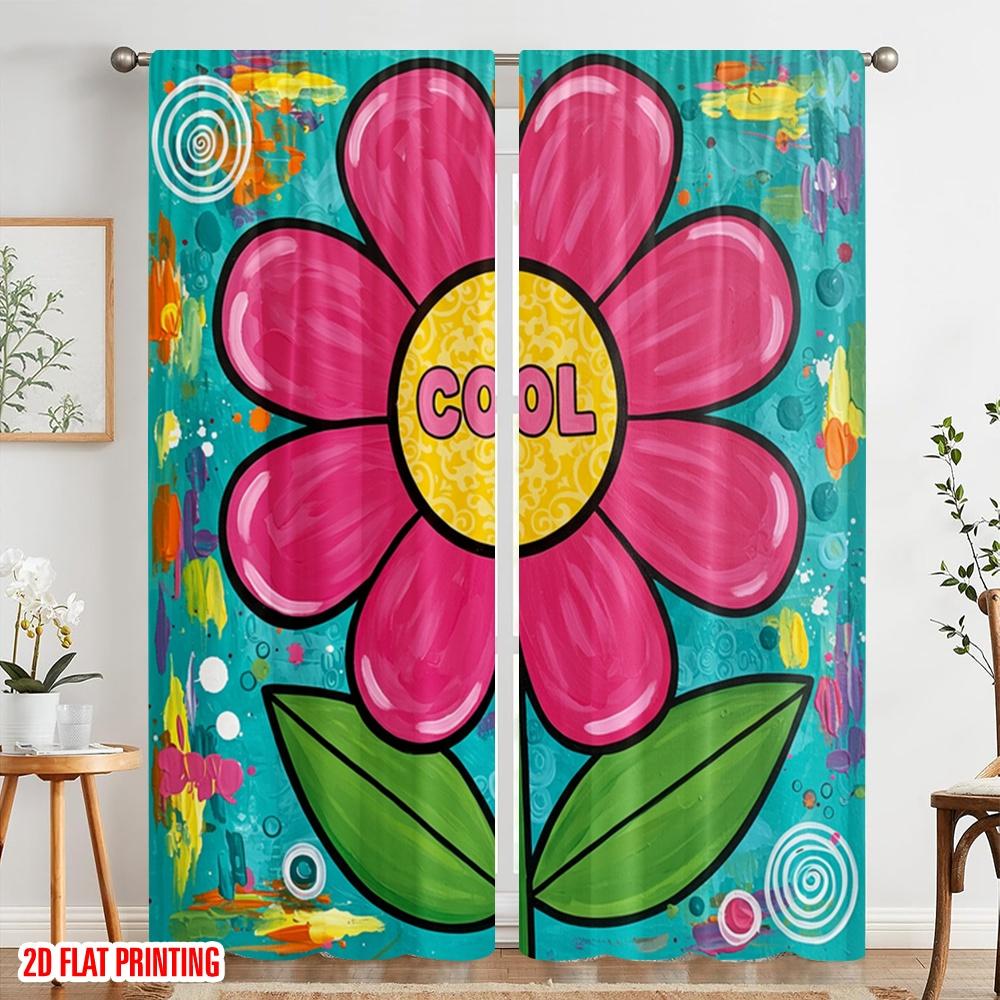 2 Stück 2D-Flachdruck Party-Fenstervorhänge Cooles Blume_b 100% Polyester Ohne Strom Festliche Wanddekoration Perfekt für Alle
