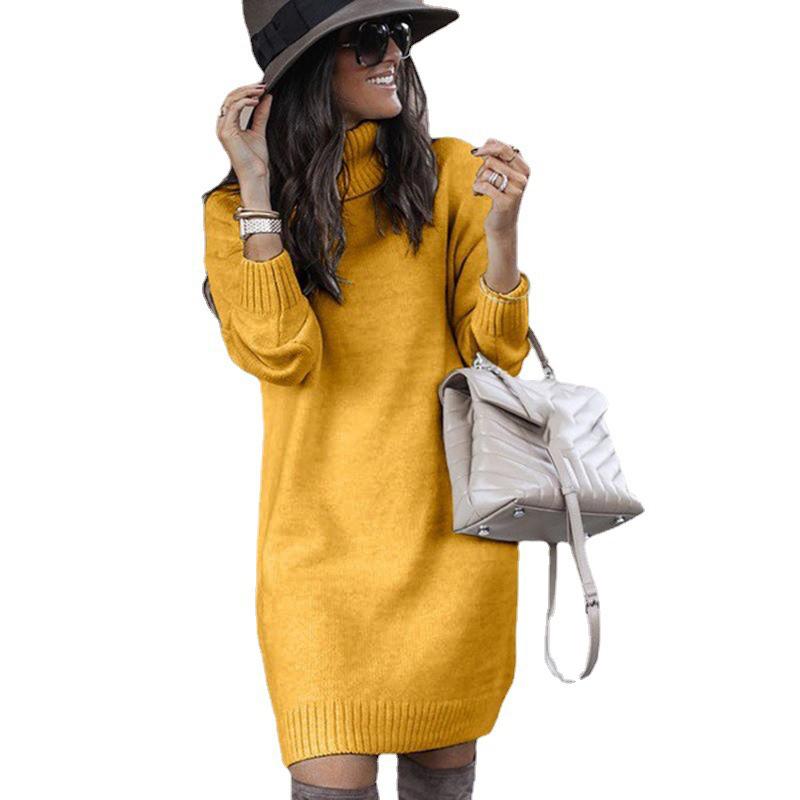 Bianco Rosa Donna Inverno Lento Abito Maglione Lunghezza Ginocchio Abito Manica Lunga Autunno Collo Alto Caldo Lavorato a Maglia Casual