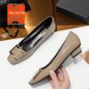 2026 Elephant Grey Patent Leather Chunky Heel Buckle Shoes - 2.5CM Square Toe, Low Cut Women's Heels
