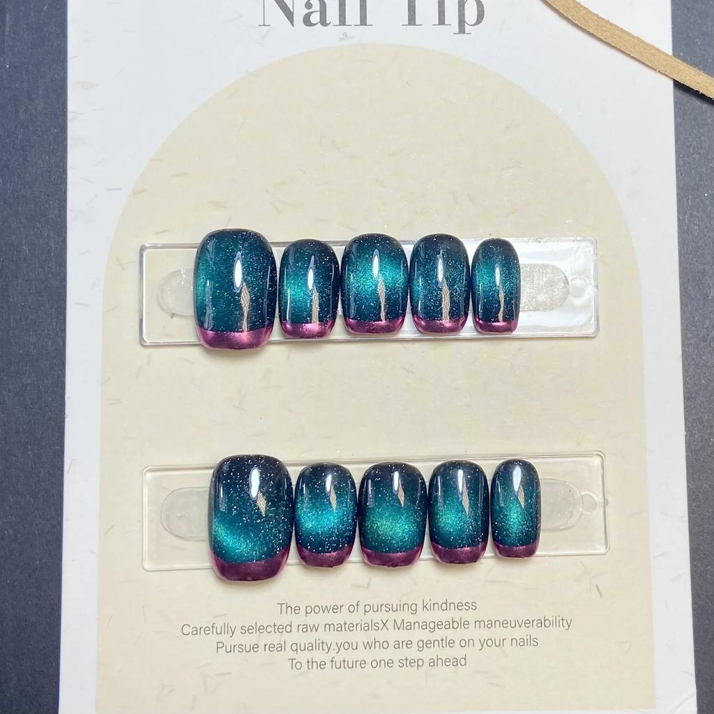 10Pcs Shiny Cat Eye Handmade Press on Nails Full Cover Artificial Short French Ballerina Fake Nails with Glue Wearable Manicure