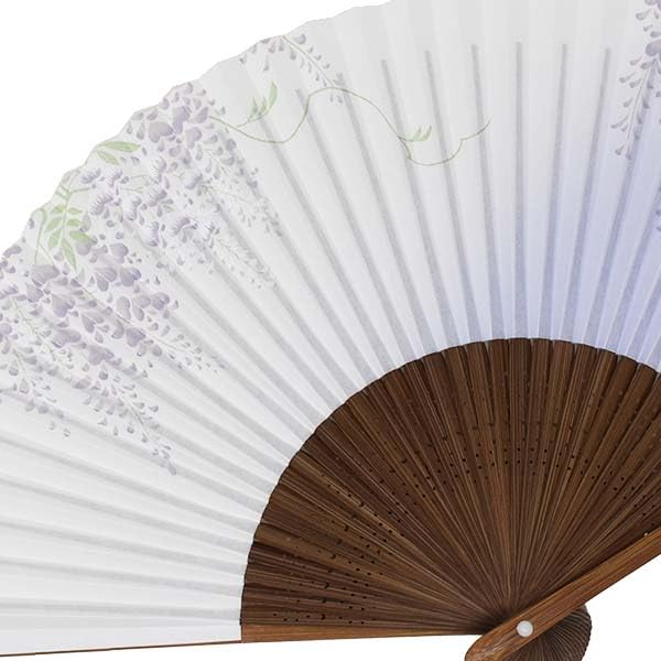 Hochwertiger bemalter Faltfächer, hergestellt in Japan, mittelgroßes geschnitztes Karaki-Holz mit einem Glyzinien-Design, parfümiert