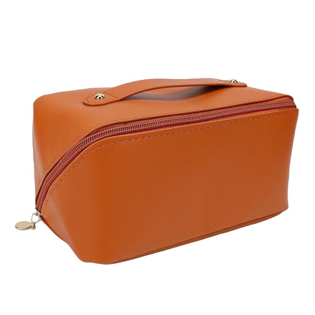 PU Leather Travel Makeup Bag Water Proof Large Capacity Wide Opening Cosmetic Bag Khaki