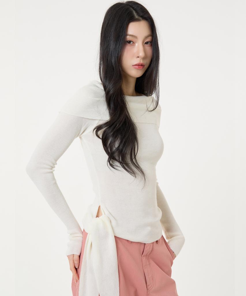 UNKNOWN PLANET Side Tie Off-Shoulder Long Sleeve Knit Top White