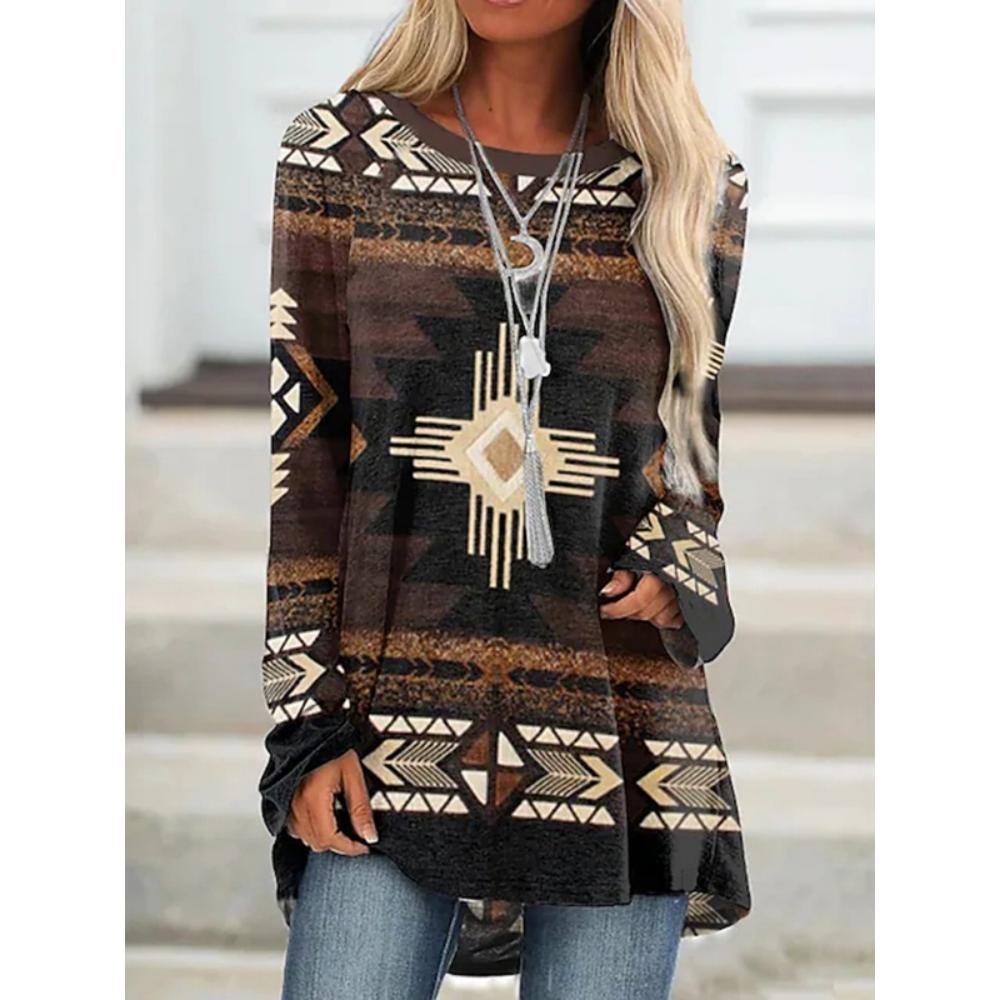 Retro Tribe Print Outdoor Street Women s Sports Top Women s Long-sleeved T-shirt Urban Daily Women s Fashionable T-shirt XL