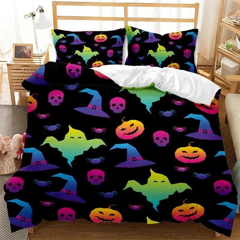 Cartoon Pumpkin Duvet Cover Gothic Halloween Skull Bedding Set Polyester Lantern Ghost Comforter Cover King For Boys Girls Decor
