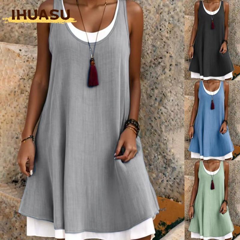 IHUASU Fashion Summer Spring Solid Color Print Sleeveless U-Neck Casual Dresses