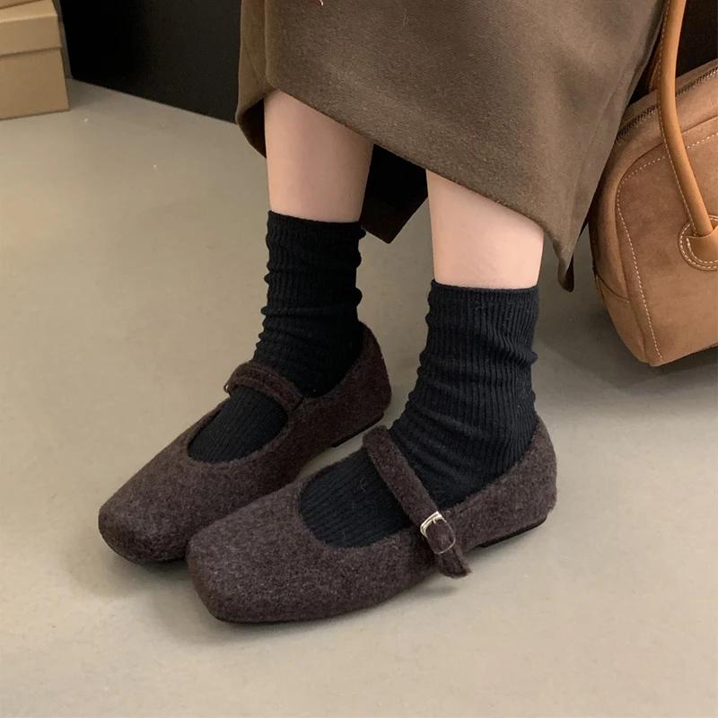 Fashion Square Toe Fleece Flet Ballet Flats Woman Winter Warm Wool Mary Jane Shoes Ladies Brand Design Elegant Plush Loafers