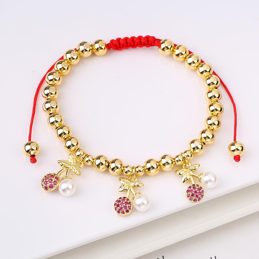 Hot Sale Cute Cherry Strawberry Pendant Copper Bead Chain Bracelet High Quality Crystal Zirconia Fruit Jewelry For Daily Wear