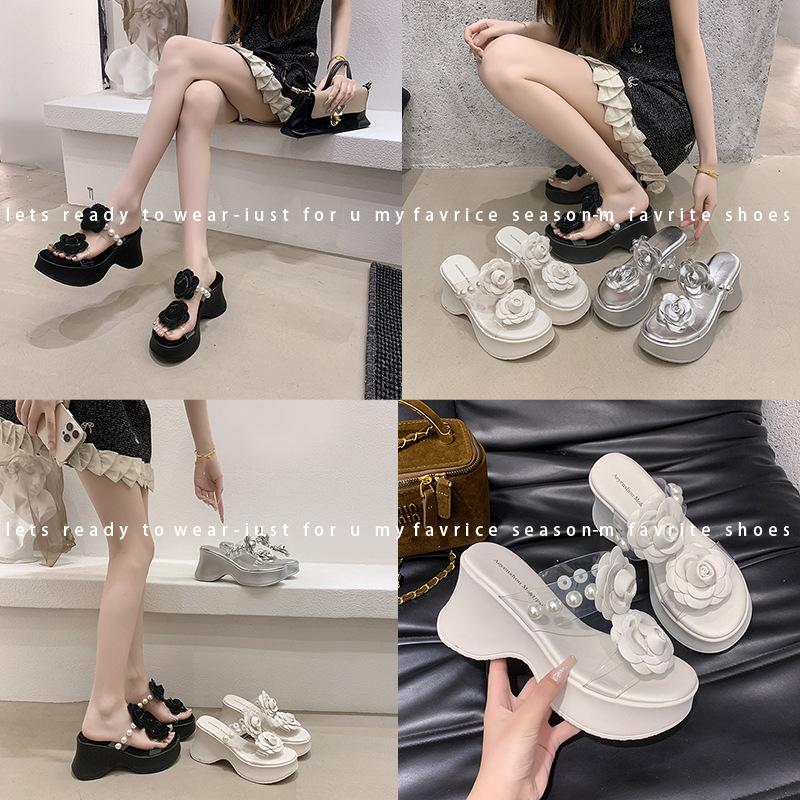 2025 summer new handmade DIY flower women one-word drag slope heel non-slip cool slippers summer new beach