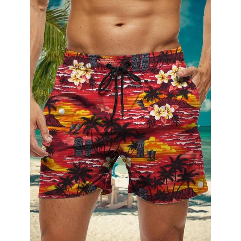 Summer New Hawaiian Plant Print Men's Street Hip Hop Casual Shorts Men's Summer Swim Shorts Drawstring Casual Shorts