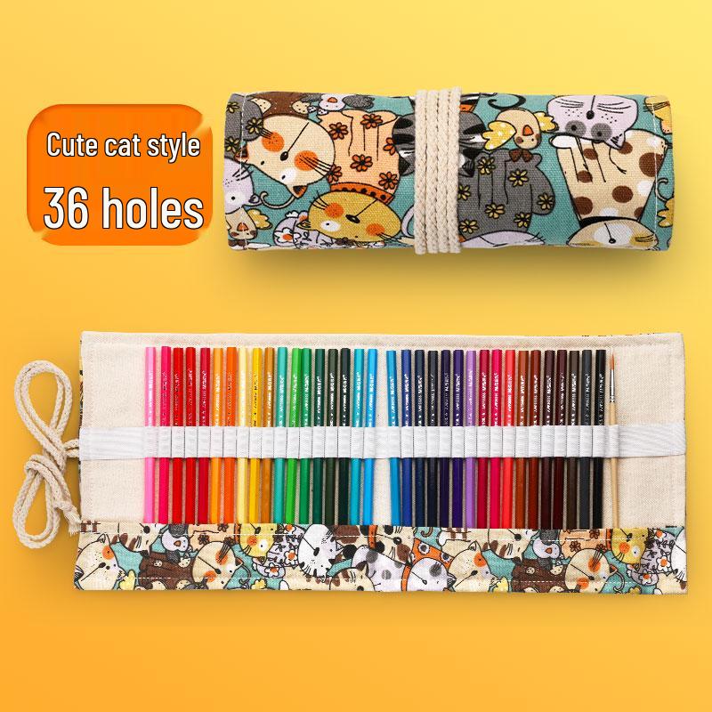 Large Capacity Canvas Roll-Up Pencil Case - 48 Holes for Colored & Sketch Pencils, Cute Design for Women & Students
