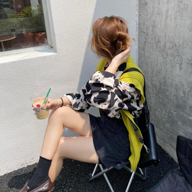 Potisk krávy Košile s knoflíky Ženy Halenka s dlouhým rukávem Korejská móda Oblečení Šifon Streetwear Topy velké velikosti Jaro Novinka