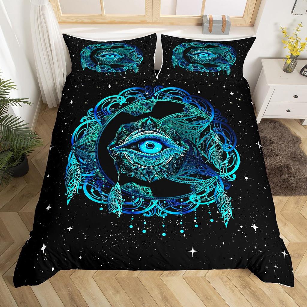 Eyes Comforter Cover Bohemian Hippie Water-Drop Duvet Cover Boho Eyes Nazar Amulet Bedding Set Mysterious Blue Eyes Quilt Cover
