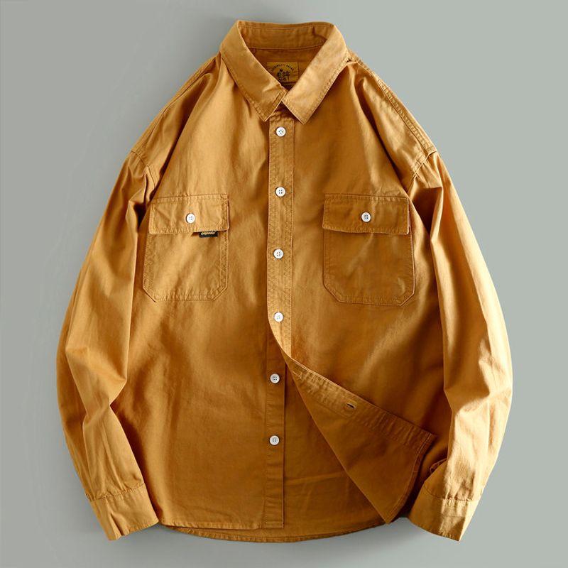 Export Export Tail Single Men's Cut Label Big Brand Leak-Picking Pure Color Multi-Pocket Workwear Shirt Long Sleeve Pure Cotton Shirt Autumn