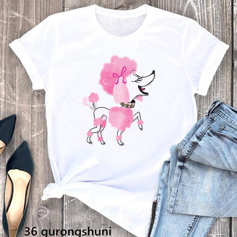 Cute Pink Poodle Animal Print White Tshirt FeUnisex Dog Mothers Lover Tshirt Mothers Day Gift Graphic T Shirts Women Clothes