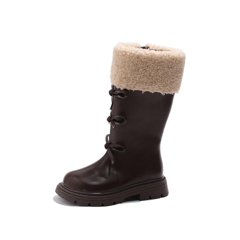

Sweet Butterfly Knot Children Boots Korean Style Brown High Boots Plush Thickened Winter Girl Knee-High Boots 27 коричневый