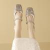 Baotou patent leather square toe low heel rhinestone buckle rear hollow Mary Jane shoes