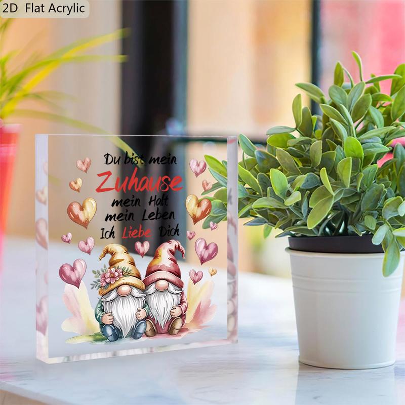2D Flat, "Du Bist Mein" Heart-Shaped Gnome Acrylic Desktop Decoration Plaque, Suitable for wall Decoration, porch, Room, Villa, accents Home, Hallway,