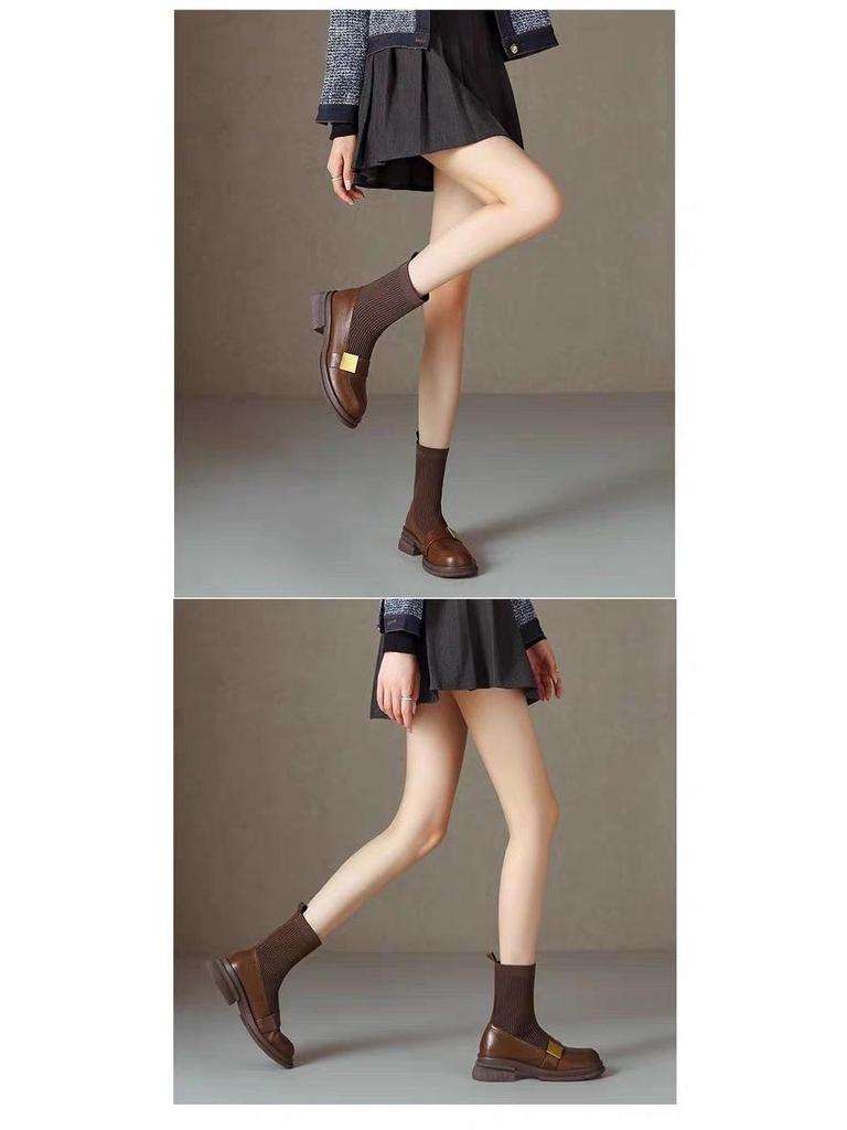 Women's Knitted Stretch Slimming Chunky Heel Ankle Boots, 2025 Autumn/Winter Retro Brown Mid-Heel Martin Loafers.