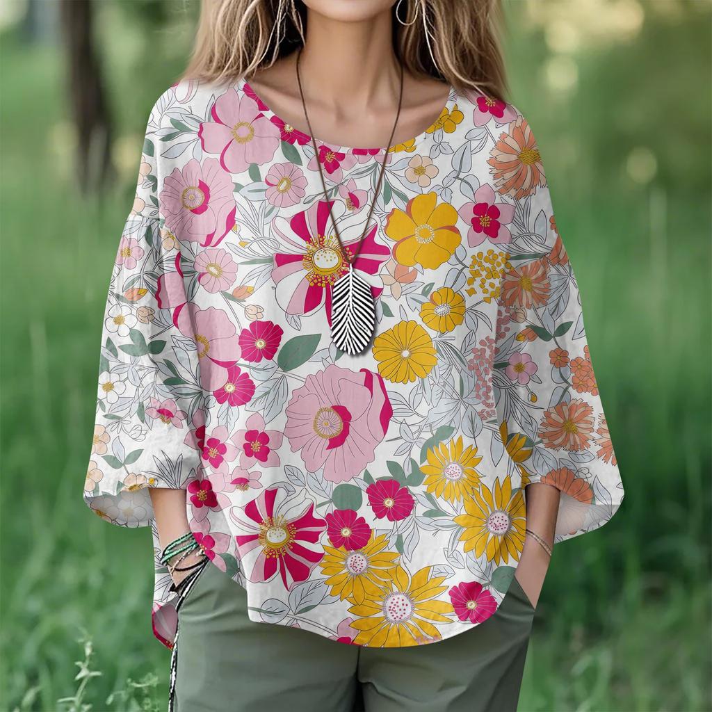 Summer Tops For Women Cute O Neck 3/4 Sleeve Blouses Floral Print Top Casual Shirts