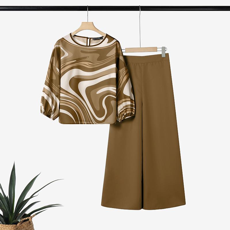 

ZANZEA Женский Блузка с длинным рукавом и принтом и брюки Повседневные костюмы-двойки 2XL коричневый