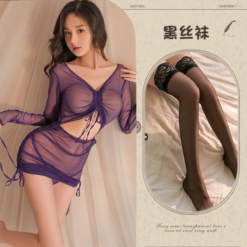 Perspective love underwear sexy perspective mesh one-piece pajamas hollow uniform temptation hip skirt