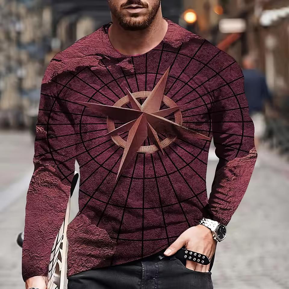 Vintage Men's Long Sleeves T Shirt Fashion Cross Pattern Long Sleeve 3D Clothing Nautical Map Print Street Harajuku Oversized